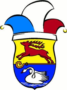 Wappen mit Hirsch, Schwan und Narrenkappe in Gelb und Blau mit rotem Hirsch und weißem Schwan.