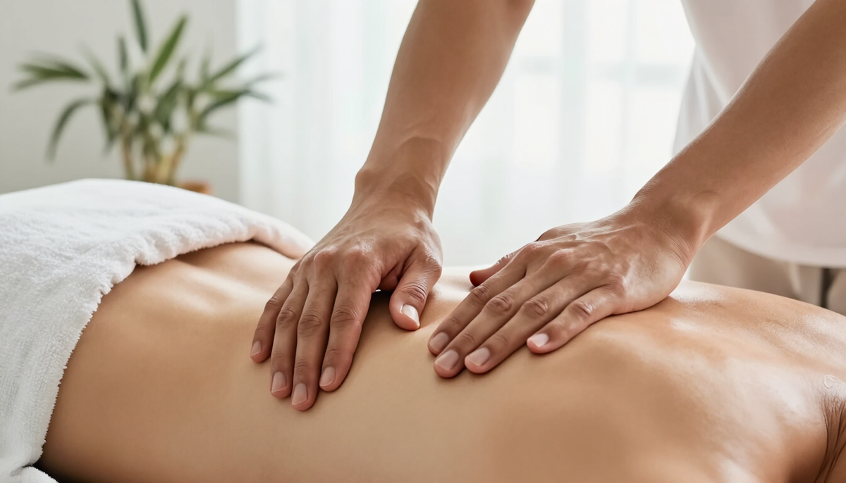 Hände einer Therapeutin bei der Massage eines Rückens auf weissem Leinen