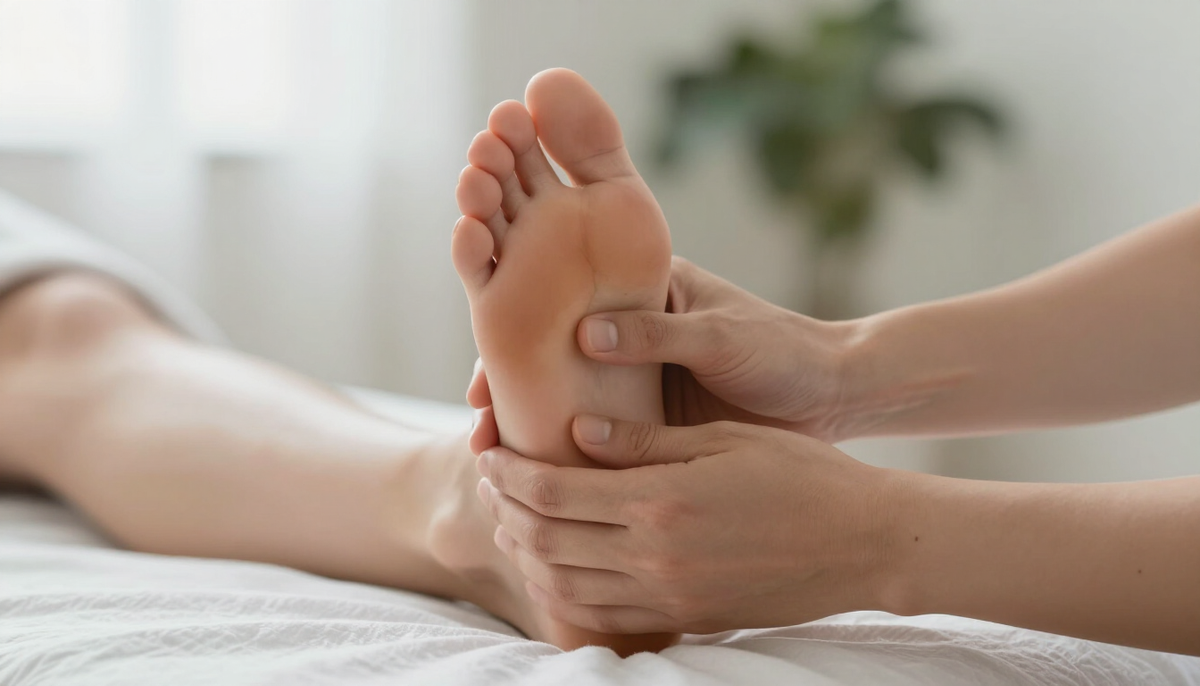 Hände einer Therapeutin halten einen Fuss bei der Reflexzonenmassage