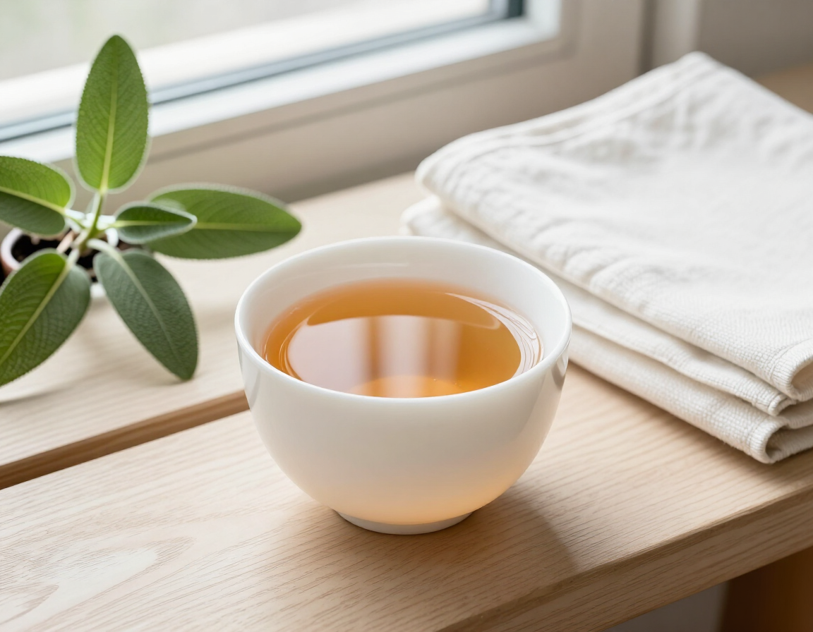 Tasse Kräutertee neben gefalteten Leinentüchern auf einem Holztisch