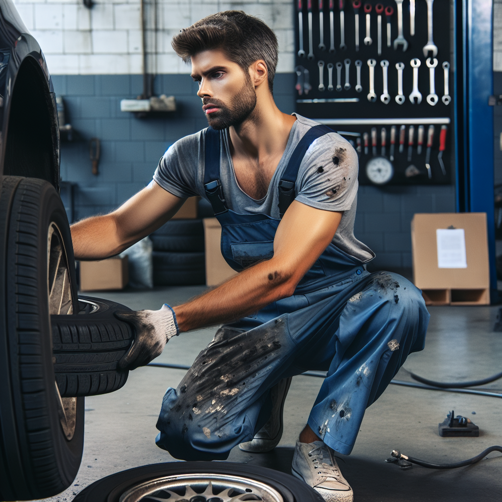 Realistic stock image of mechanic changing car tire.