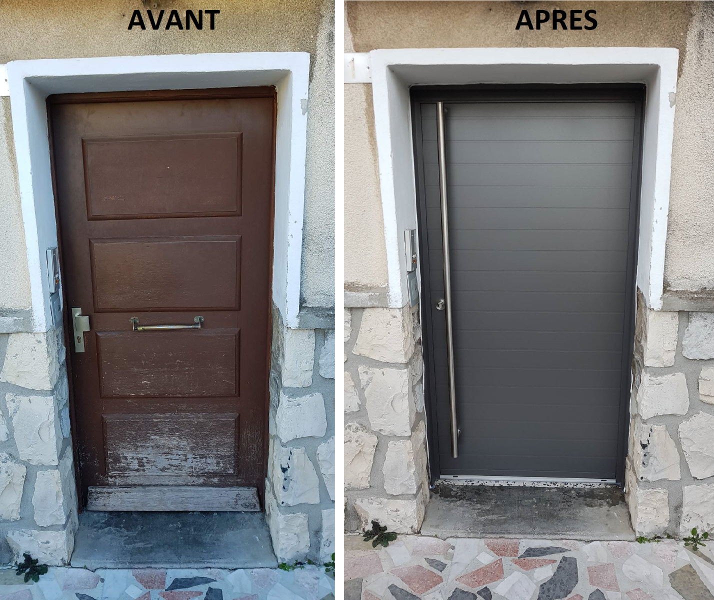 Remplacement de la porte d'entrée d'une résidence par une porte en aluminium couleur gris  2900 sablé avec gâche électrique et bâton de maréchal