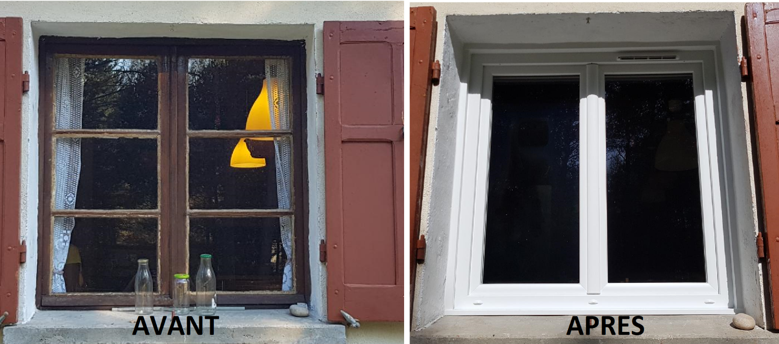 Remplacement d'une fenêtre deux vantaux en bois simple vitrage par un modèle double vitrage en pvc de chez CASTES Remplacement d'une porte fenêtre en bois simple vitrage par un modèle double vitrage en pvc de chez CASTES