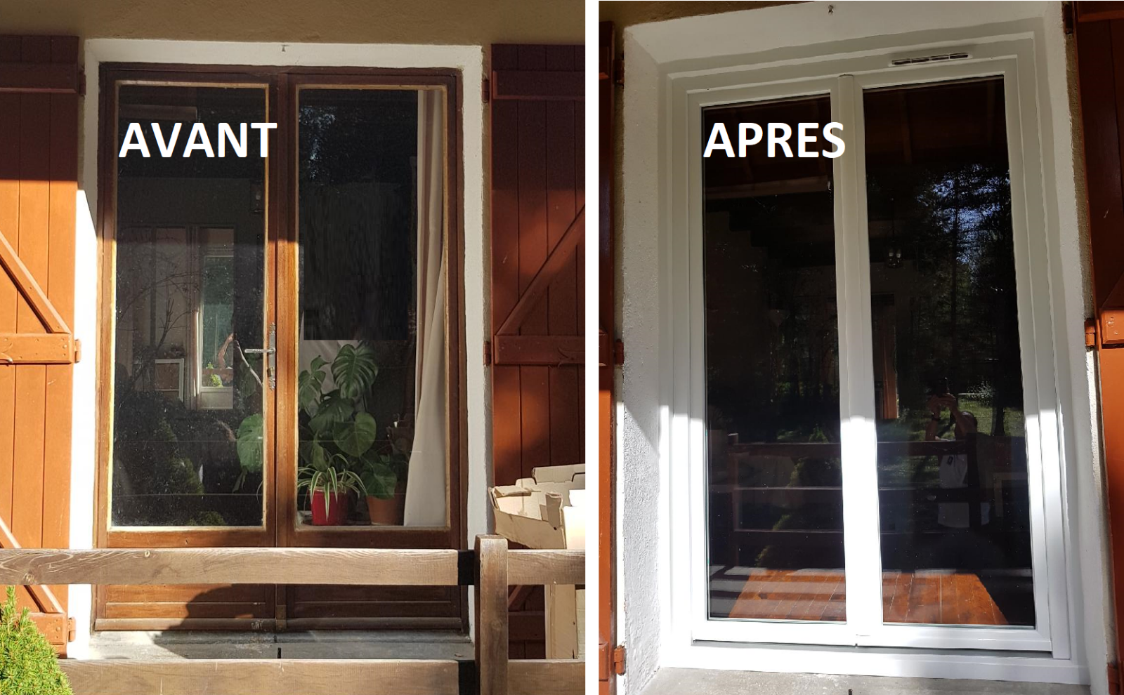Remplacement d'une porte fenêtre en bois deux vantauxsimple vitrage par un modèle double vitrage en pvc de chez CASTES