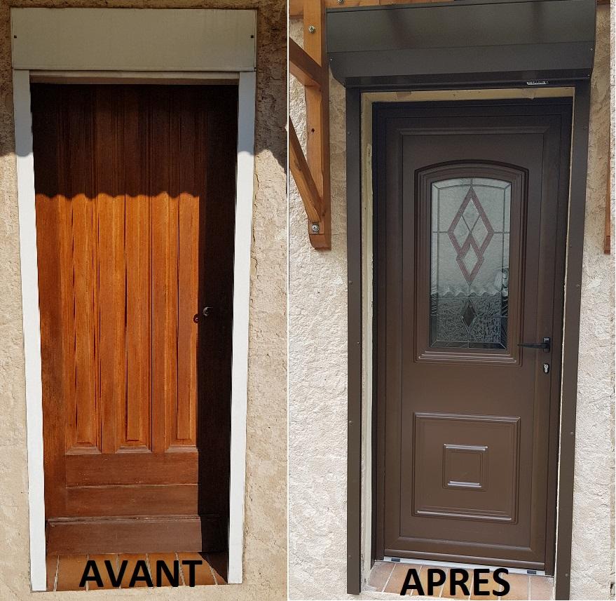 Porte d'entrée PVC couleur brun sépia avec vitrage CASTES