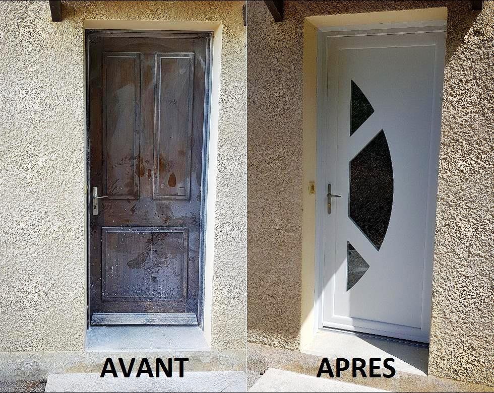 Porte d'entrée PVC couleur gris clair avec vitrage CASTES