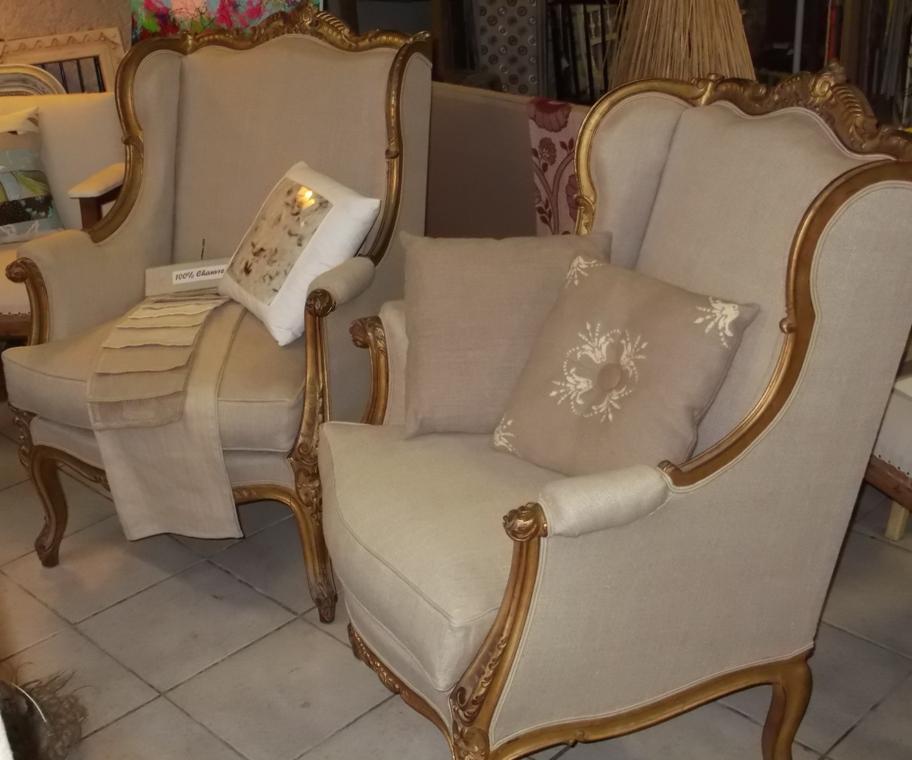 BERGÈRES À OREILLES - TISSU CHANVRE - Garniture crin32 ressorts 32 clous