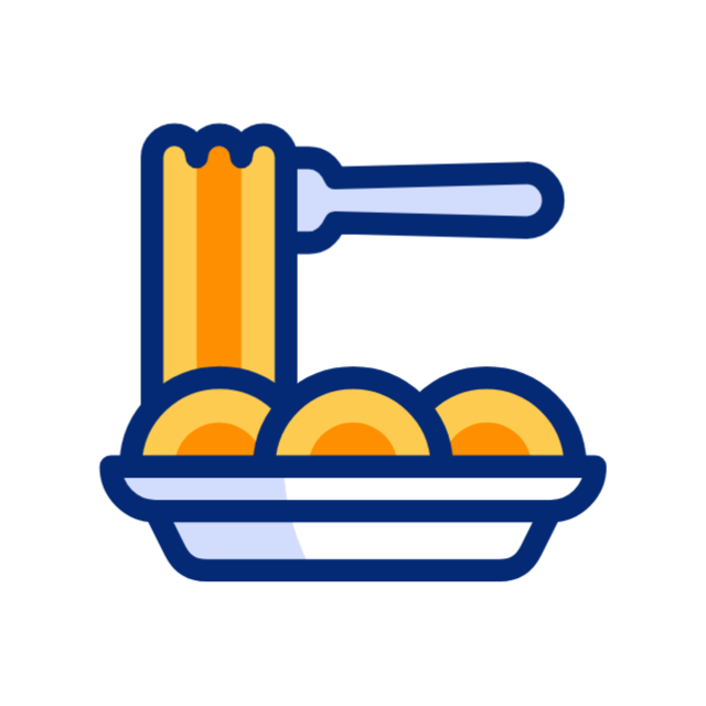 Espaguetis y albóndigas en un recipiente azul y blanco, con un tenedor sosteniendo los espaguetis.