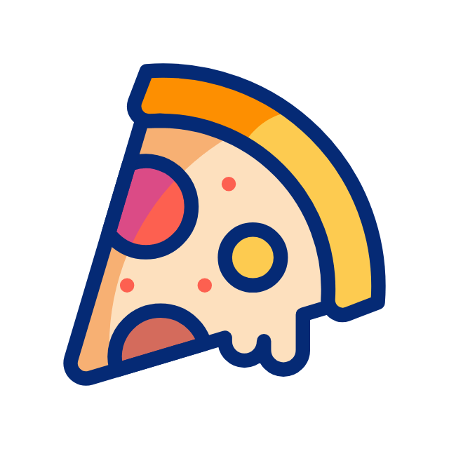 Porción de pizza con queso derretido y otros ingredientes; colores naranja, amarillo y rojo.