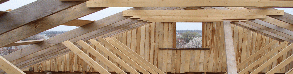 Des chevrons et des montants en bois forment la charpente d'un bâtiment, une fenêtre révélant un paysage.