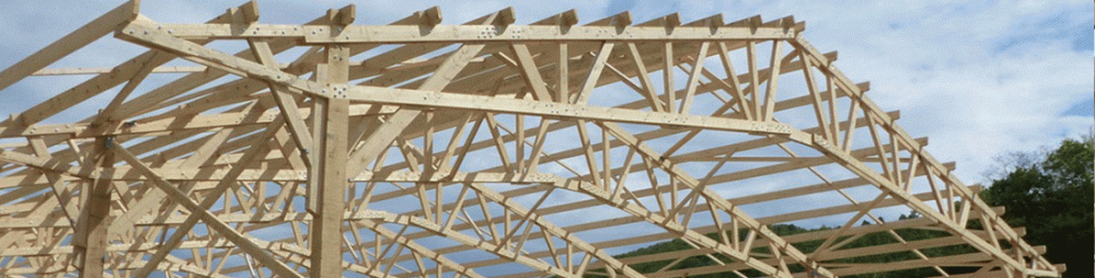 Charpente en bois pour la toiture, ciel bleu en arrière-plan.