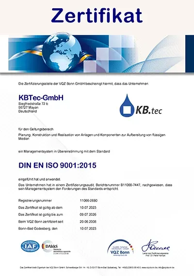 Zertifikat der KBtec-GmbH für die Planung und Realisierung von Anlagen, ISO 9001:2015 zertifiziert.