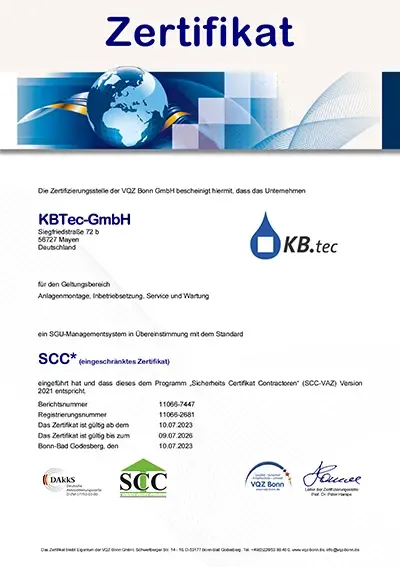Zertifikat für die KBtec GmbH mit detaillierten Angaben zu den Zertifizierungen im Zusammenhang mit ihrer Geschäftstätigkeit.