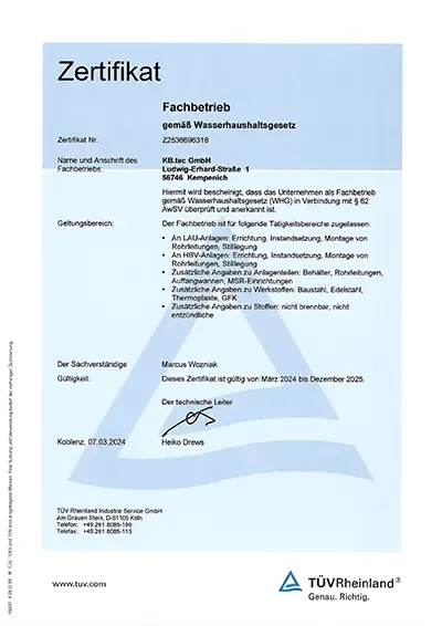 Zertifikat vom TÜV Rheinland für die Hilken GmbH, ein Wasserschadensanierungsunternehmen.