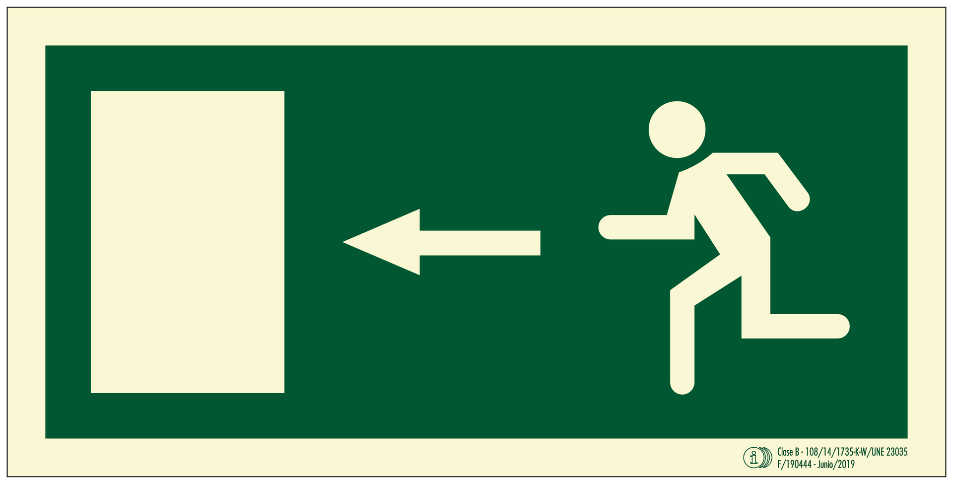 Una señal de salida verde con un hombre corriendo hacia la izquierda.