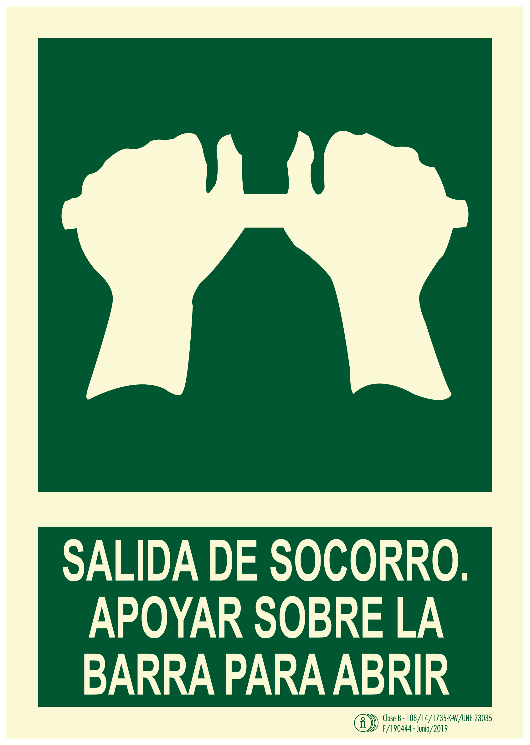 A sign that says salida de socorro apoyar sobre la barra para abrir