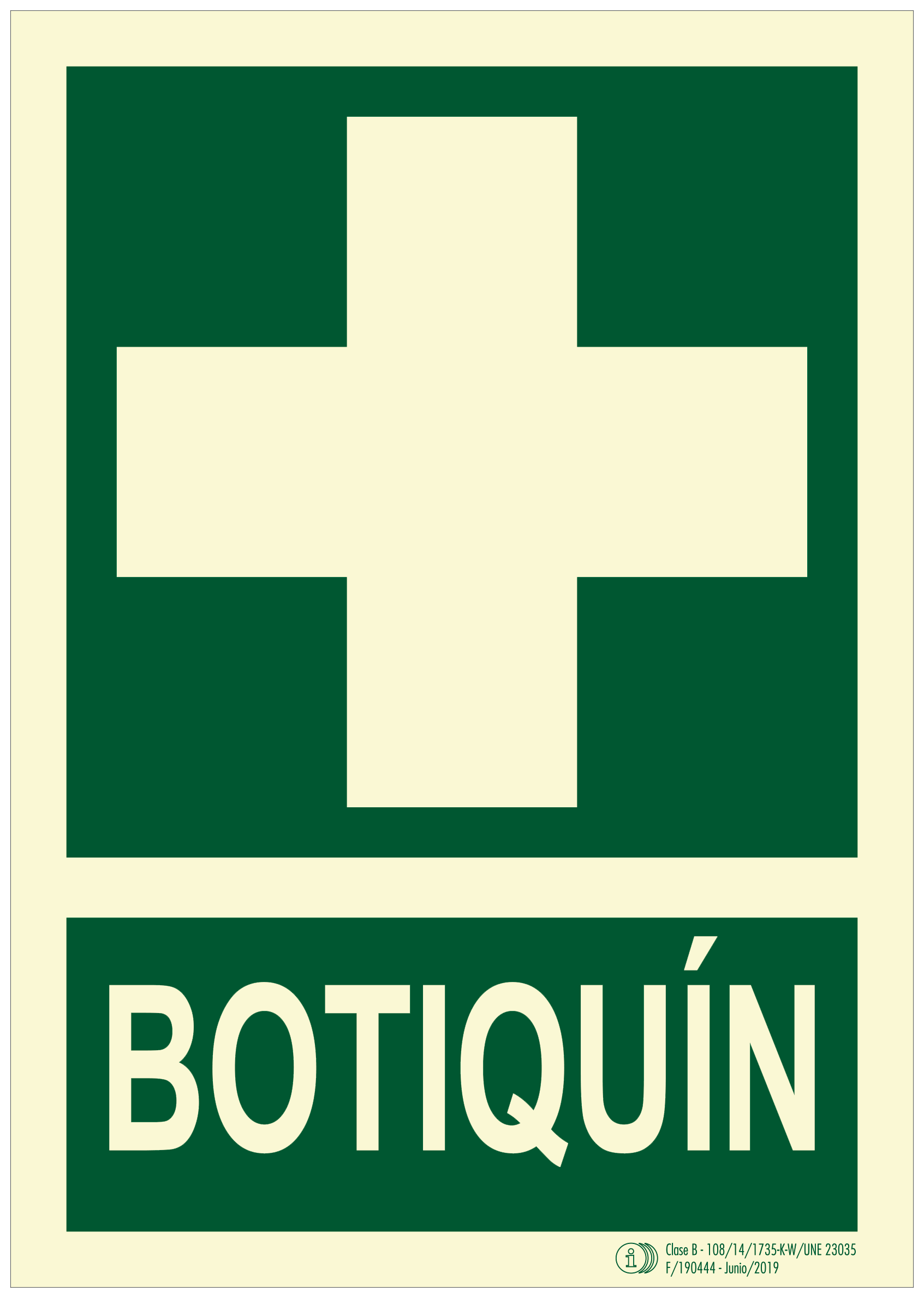 Un cartel verde con una cruz blanca y la palabra botiquin en él.