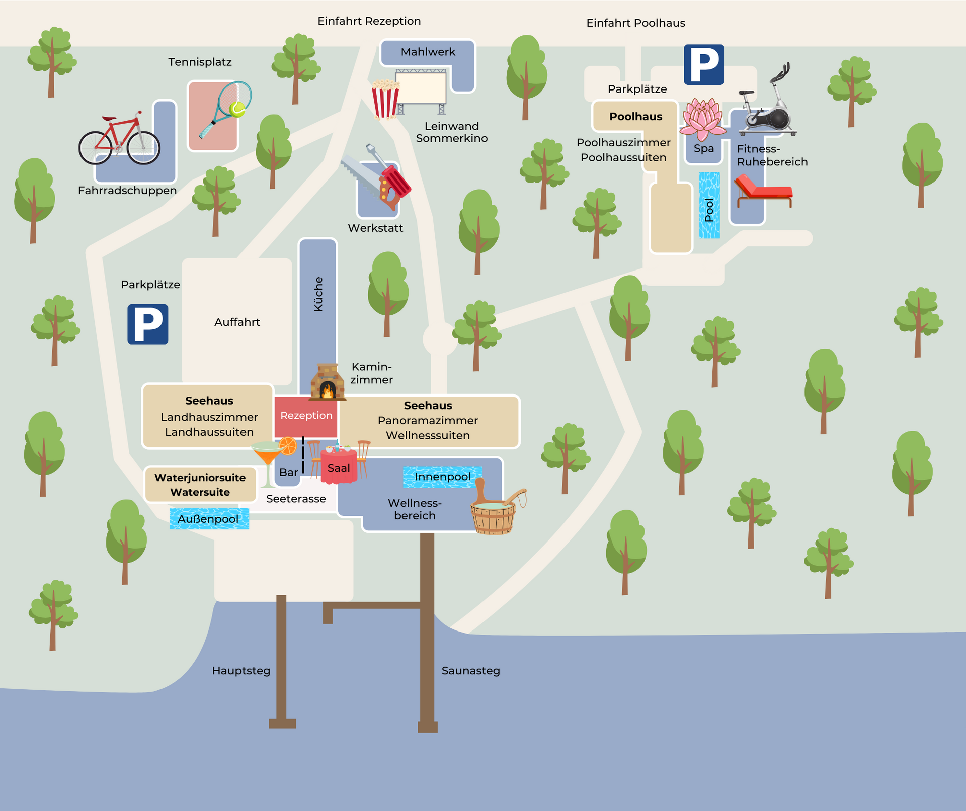 Eine Karte der Umgebung mit Bäumen und einem Parkschild