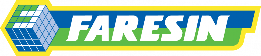 Faresinin logo, jossa on sininen ja valkoinen ruudukkoinen kuutiokuvake tuotemerkin nimen vieressä valkoisella tekstillä sinisellä ja vihreällä bannerilla.