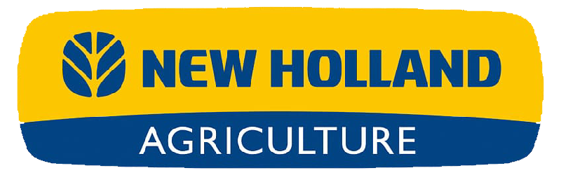 New Holland Agriculturen logo: sininen lehtisymboli yrityksen nimen vieressä tummansinisellä tekstillä keltaisella taustalla.