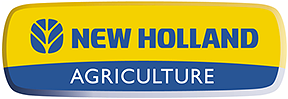 New Holland Agriculture -logo: sininen teksti ja lehtisymboli keltaisella taustalla ja sininen alatunniste.