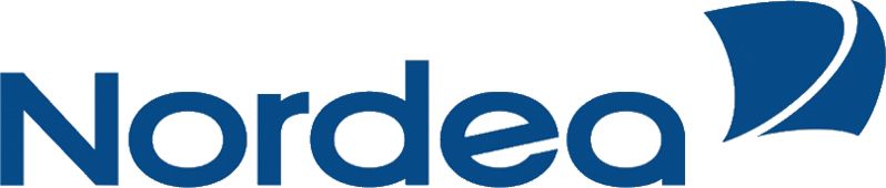 Nordean logo, jossa on yrityksen nimi sinisellä tekstillä ja tyylitellyn sinisen aaltosymbolin vieressä valkoisella taustalla.