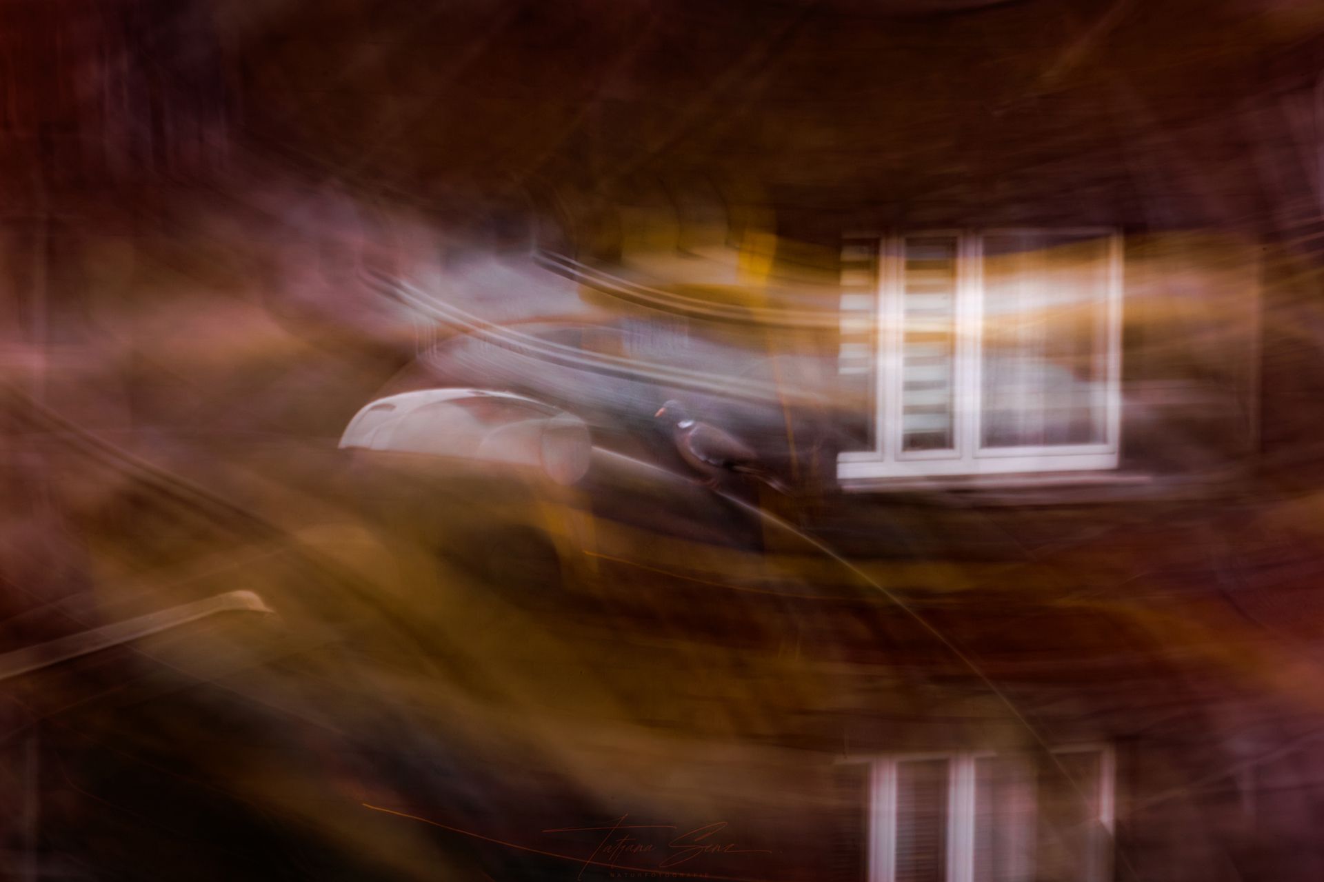 Abstrakte Ansicht eines Gebäudes mit Fenstern und Straßenlaterne in einem Wirbel aus verschwommenen Orange- und Brauntönen.