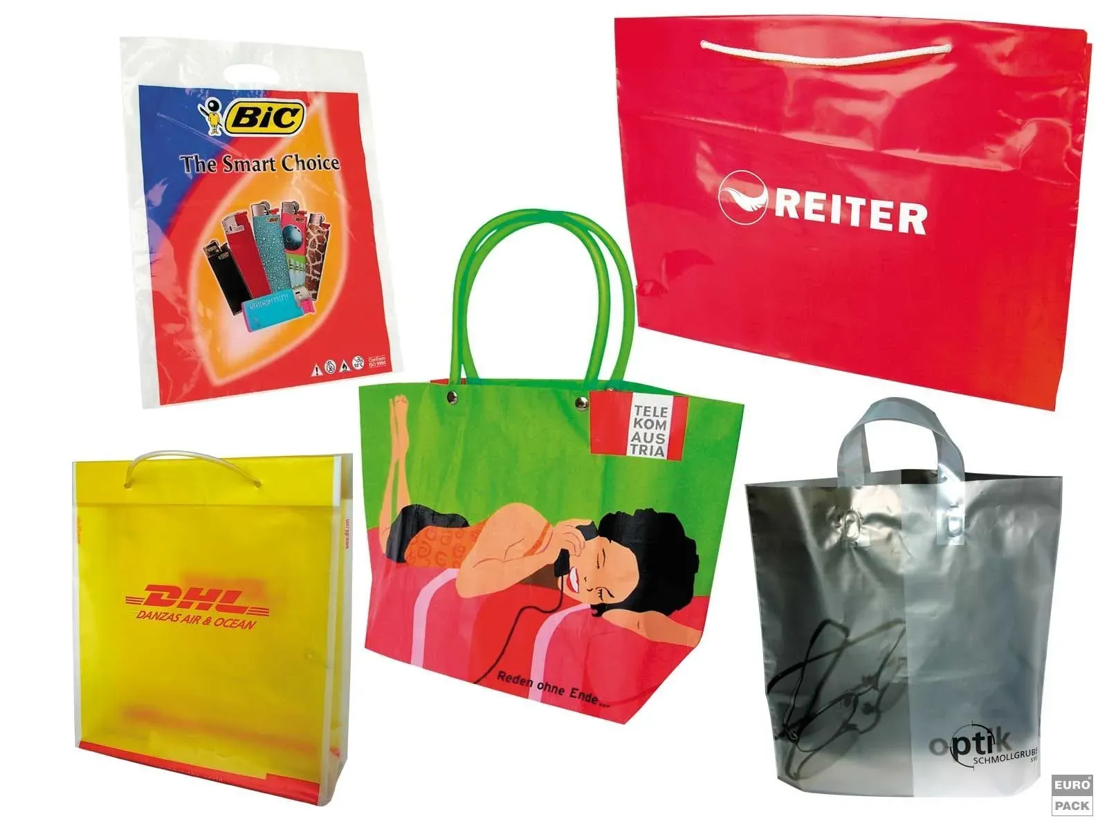Taschen verschiedener Firmen: BIC, Reiter, DHL und andere mit bunten Logos und Griffen.
