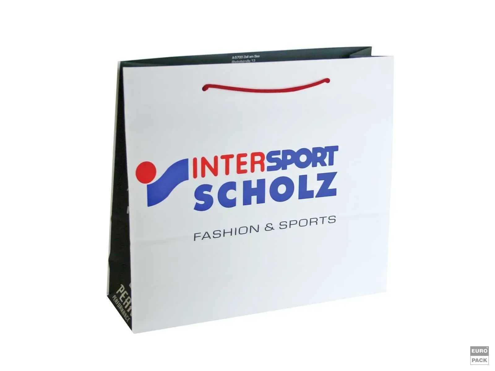 Weiße Einkaufstasche mit „INTERSPORT SCHOLZ“-Logo und roten Henkeln.