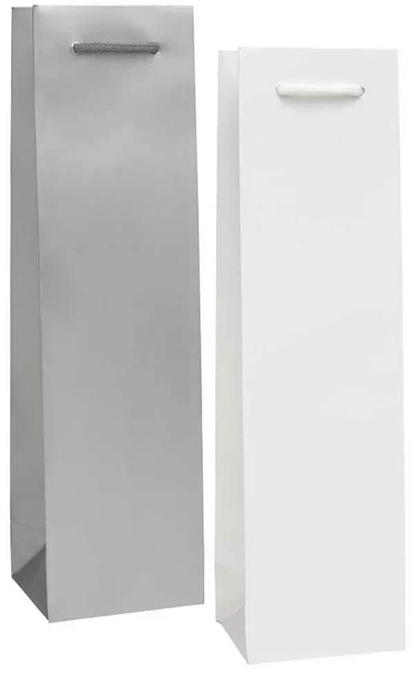 Silberne und weiße Geschenktüten mit Griffen.