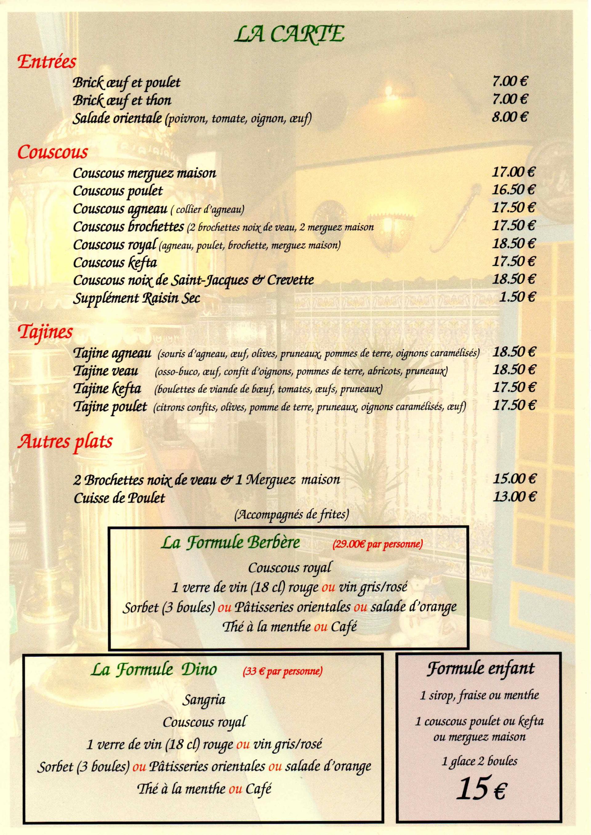 Nos Menus restaurant L'orient spécialité de couscous au Mans