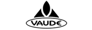 Ein schwarz-weißes Logo für Vaude mit einem Segelboot in der Mitte.