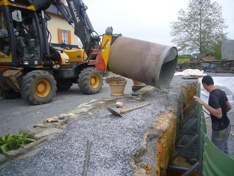 Travaux de terrassement en cours pour le comblement d'une tranchée