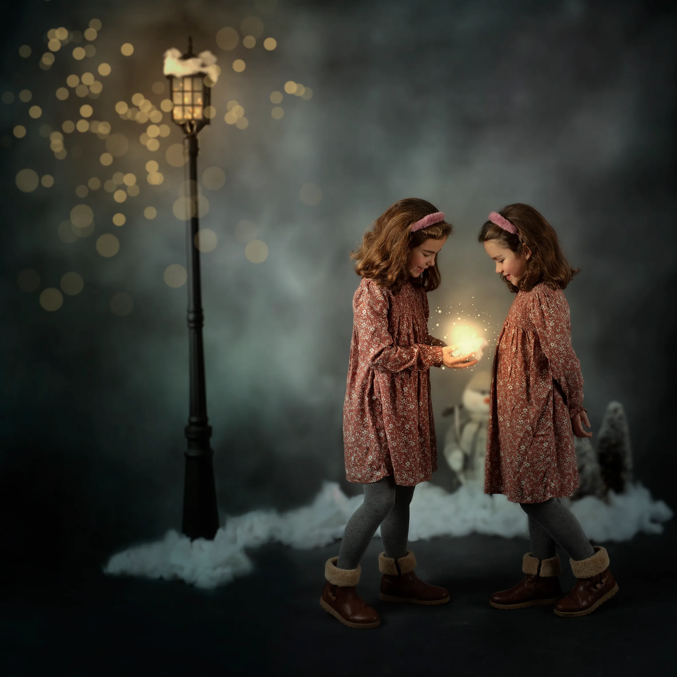 Dos niñas con vestidos similares, sosteniendo una luz brillante. Junto a una farola, nieve, fondo oscuro.