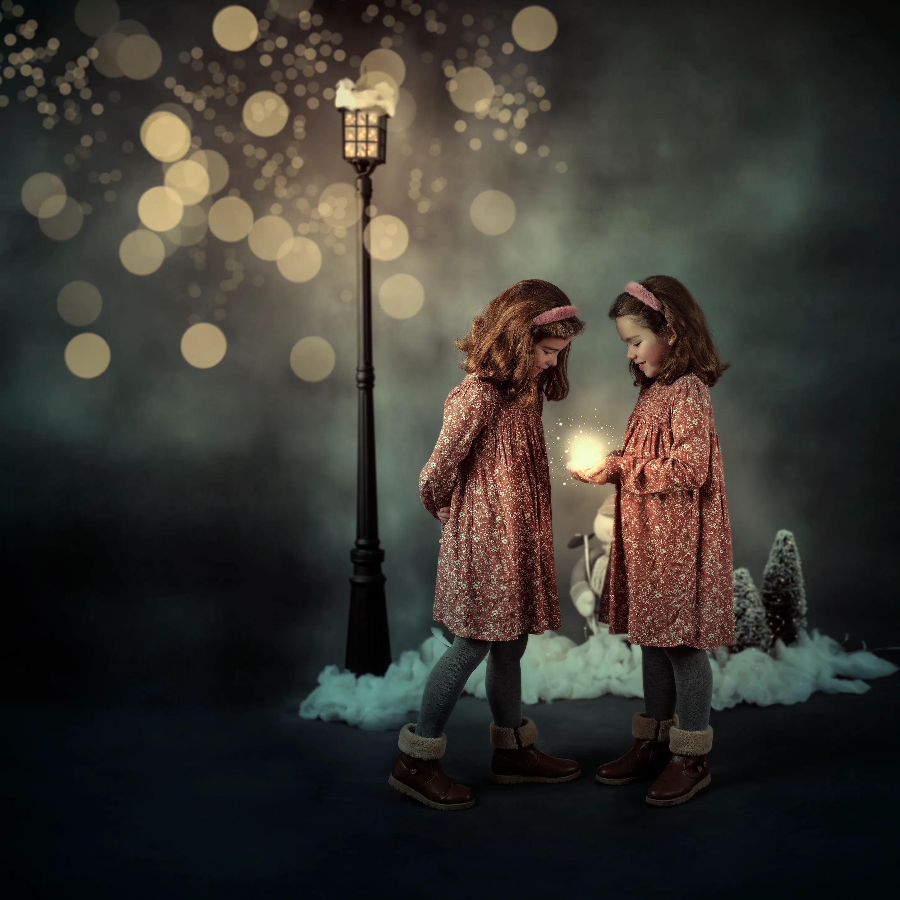 Dos niñas pequeñas, vestidas con vestidos similares, contemplan una esfera brillante. Escena oscura con nieve y una farola.