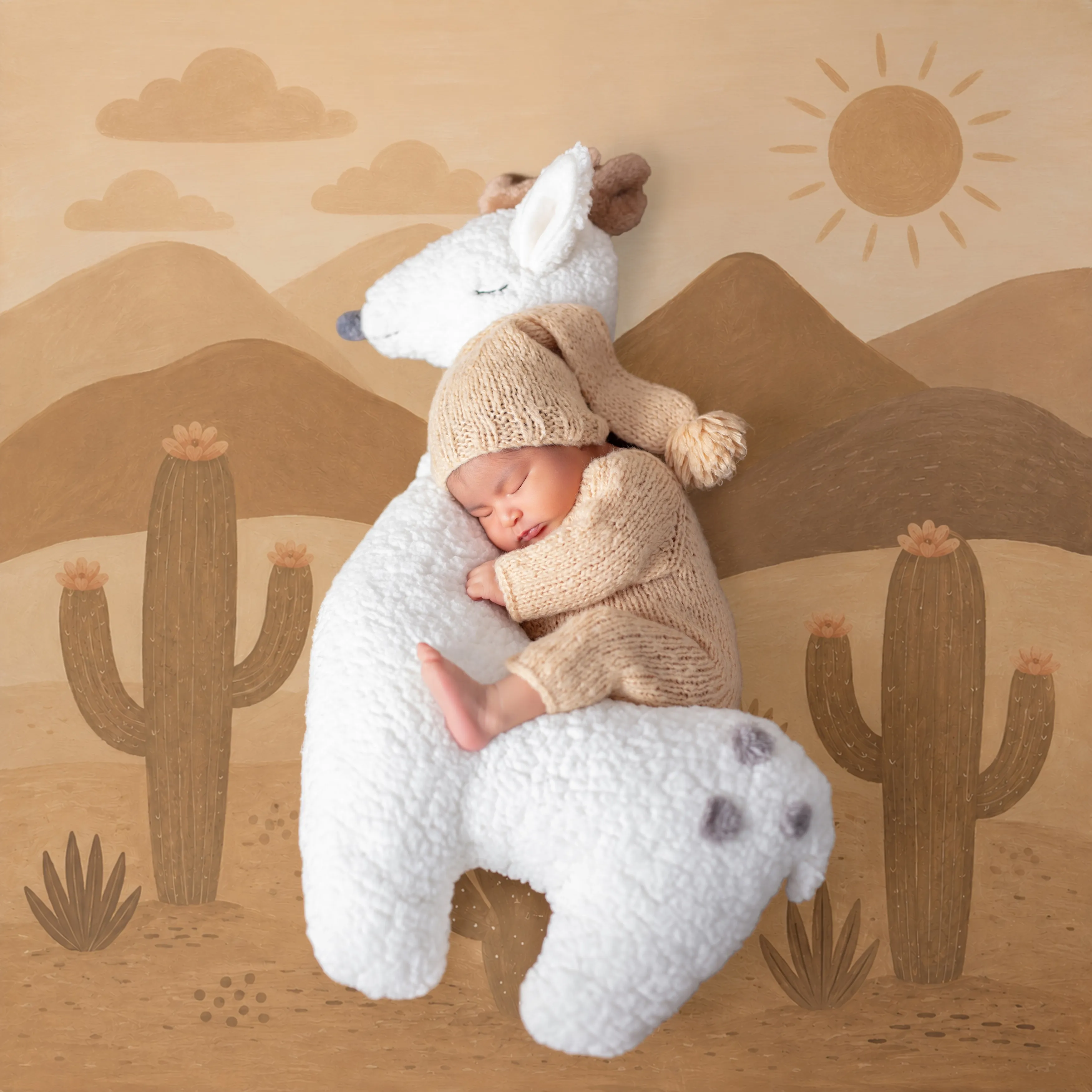 Un bebé dormido abraza un peluche blanco en una habitación infantil con temática desértica.