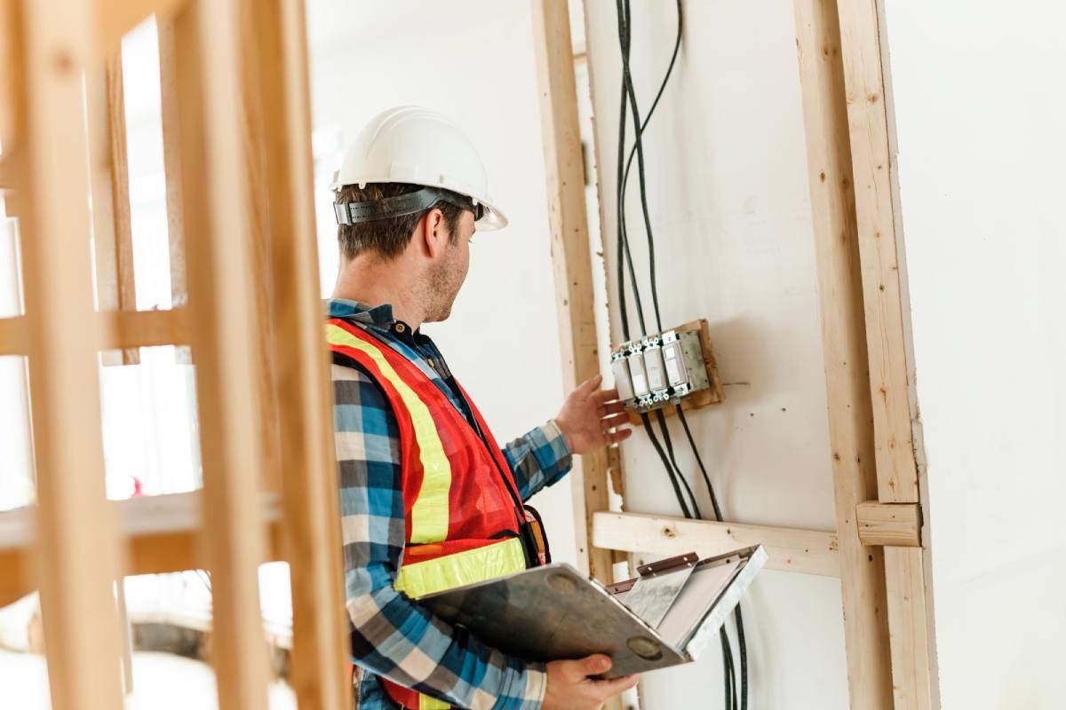 Un ouvrier du bâtiment examine le câblage électrique d'un bâtiment ; il porte un casque de sécurité et un gilet de sécurité.