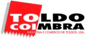 Logotipo de "Toldo Coimbra". Texto vermelho e preto sobre um design estilizado. Fundo branco. Texto na parte inferior.