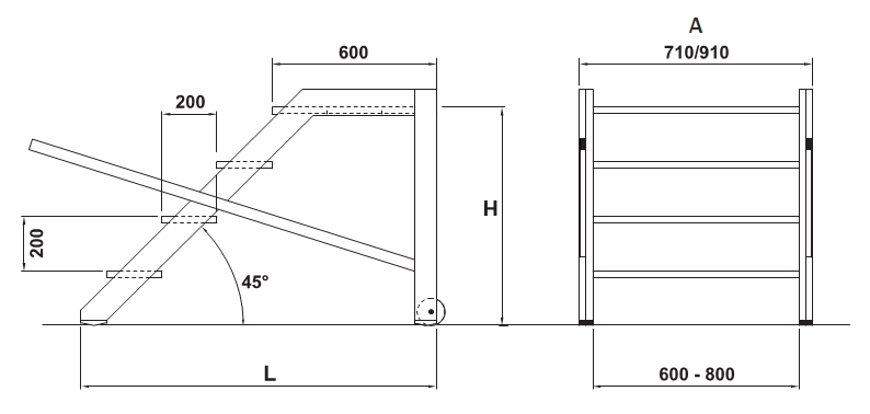 Schéma d'un escabeau avec dimensions indiquées. Vues latérale et frontale incluses.