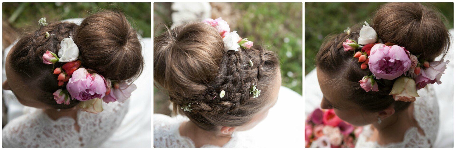 3 photos de chignon avec fleurs