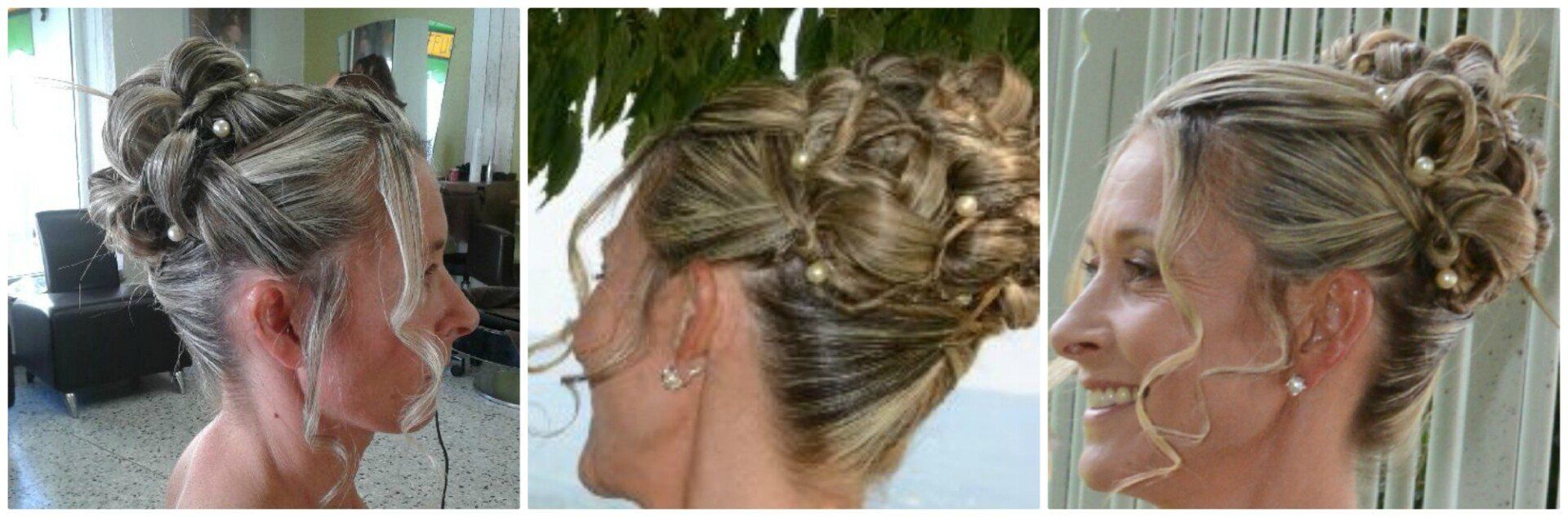 3 photos chignon mariée avec perles 