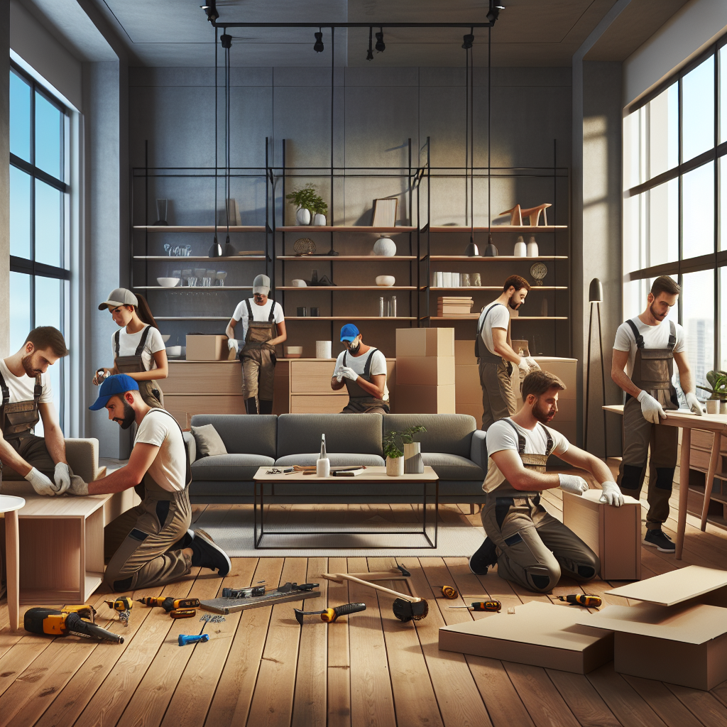Professional movers assembling furniture in modern apartment