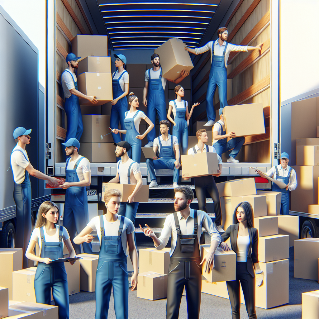 Realistic stock image of professional movers packing furniture