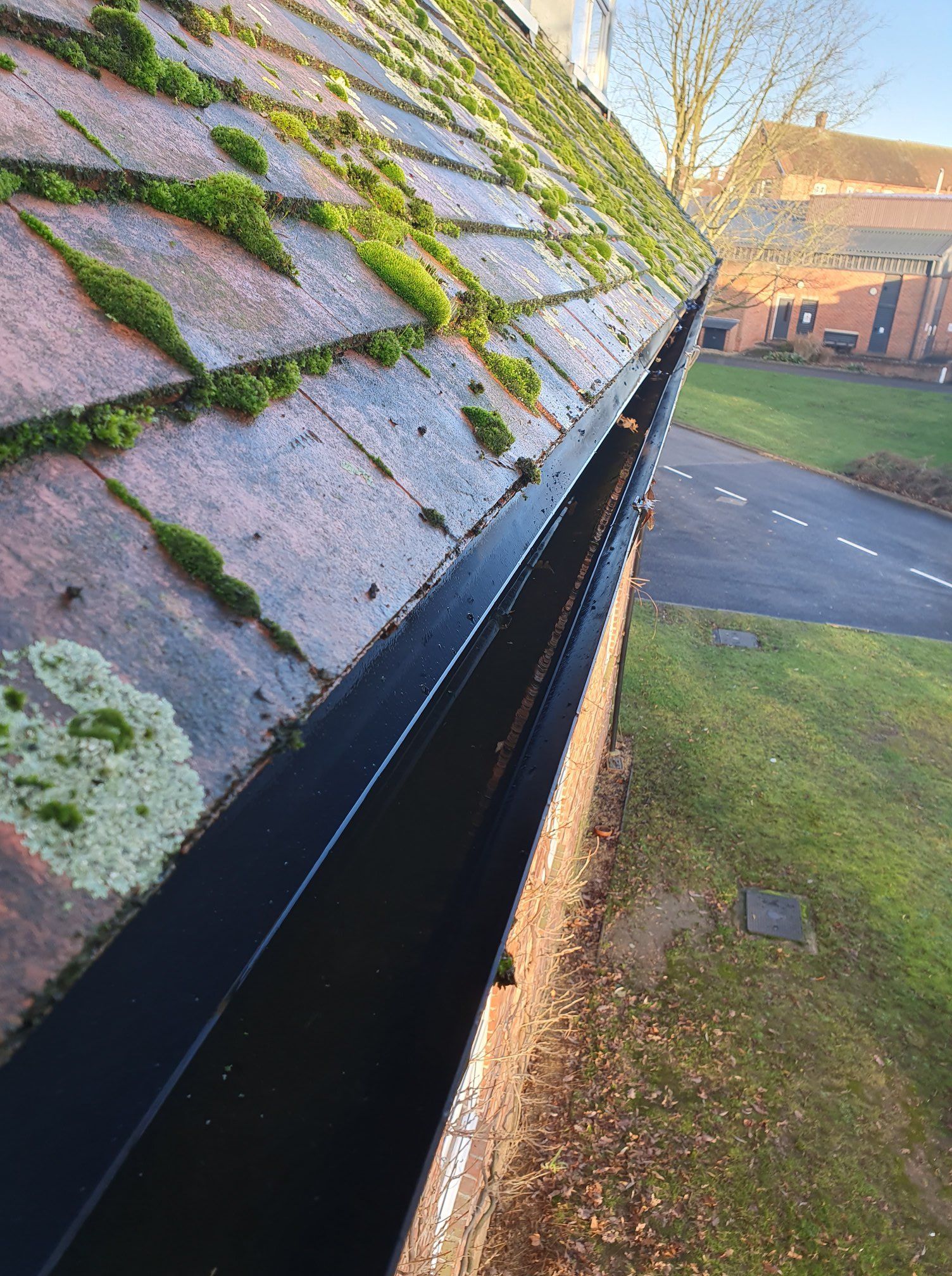 Black gutter along a red tile roof covered in moss, next to a grassy lawn.