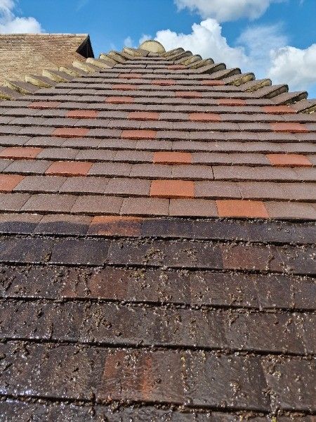 Sloped clay-tile roof with alternating red and dark tiles against a cloudy sky