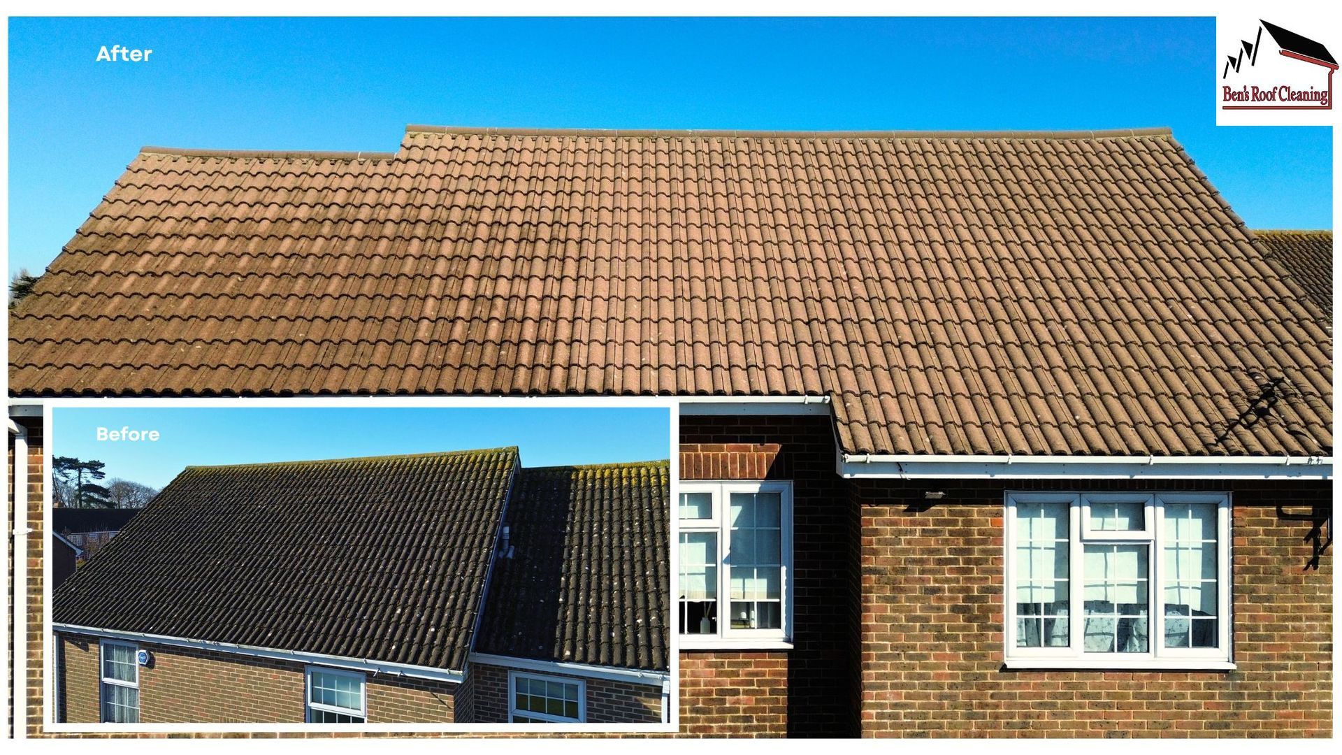 House roof before-and-after view showing replaced brown roof tiles on a brick home