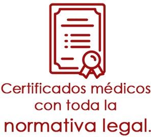 Un icono rojo oscuro de un certificado con un sello, sobre un texto en español que indica que los certificados médicos cumplen con las normas legales.