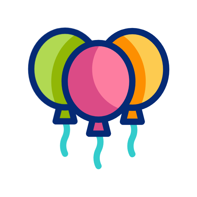 Tres globos de colores flotan en el aire.