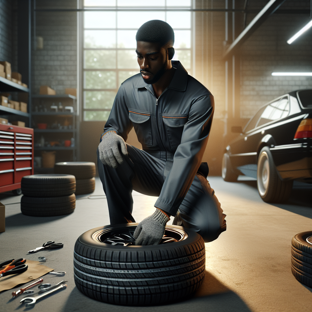 Realistic image of mechanic repairing car tire