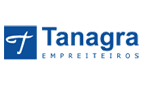 O logotipo da tanagra empreiteiros é azul e branco.